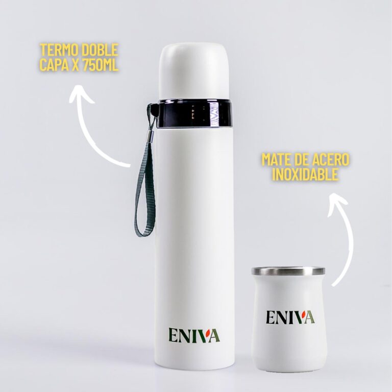 Termo y mate color blanco con logo marca ENIVA