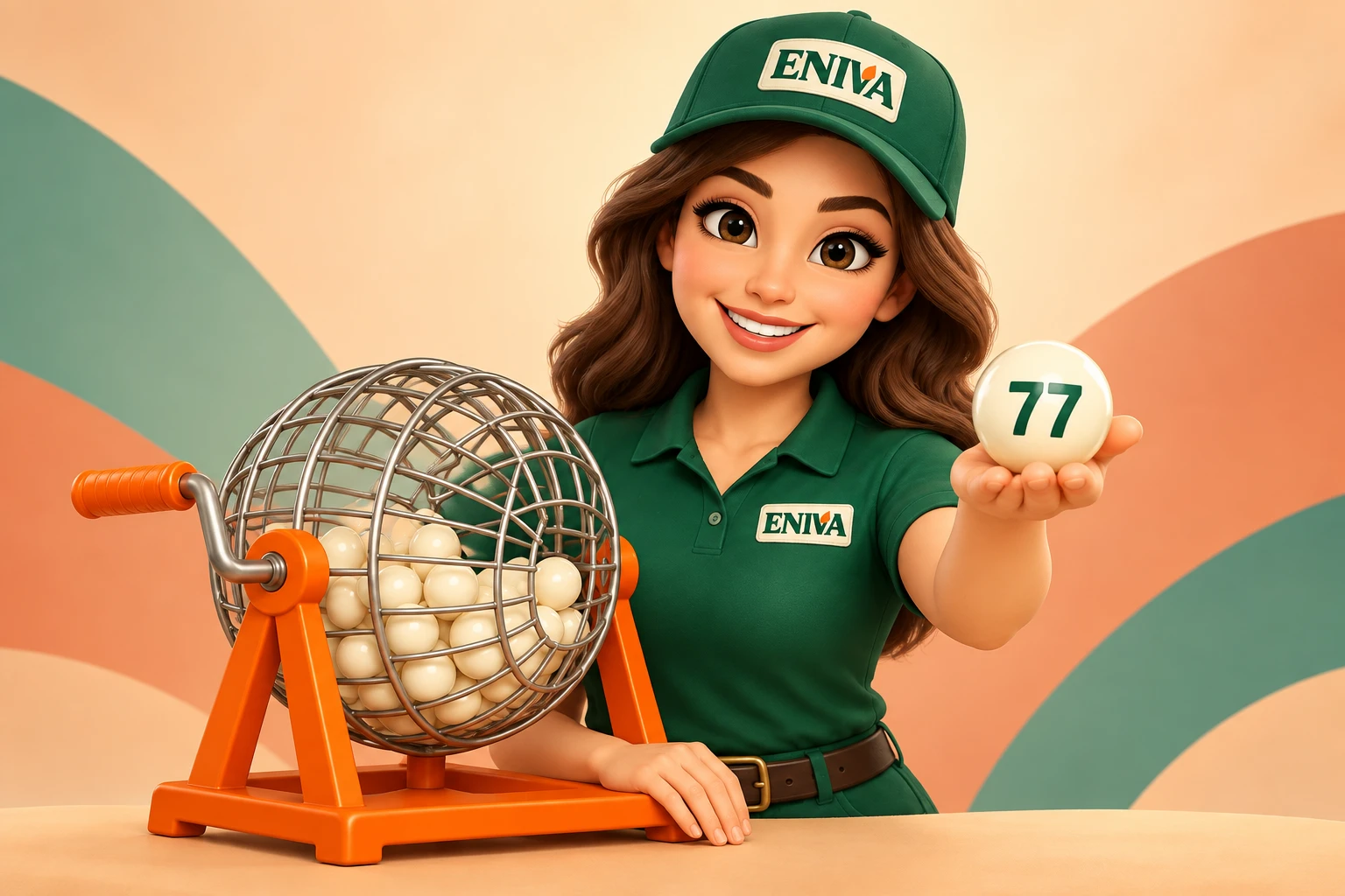 La presentadora 3D con gorra y chomba ENIVA muestra la bolilla 77 junto al bolillero lleno de bolillas