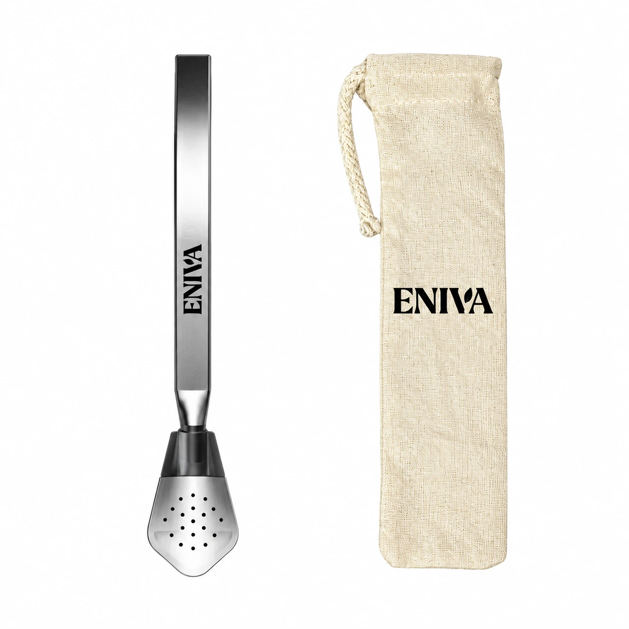 Bombilla ENIVA de acero inoxidable con marca grabada y estuche de tela