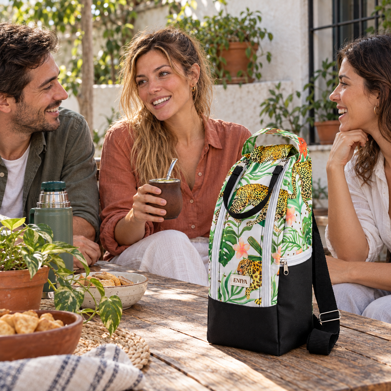 Bolso matero ENIVA Selva con Amanda y amigos en el patio