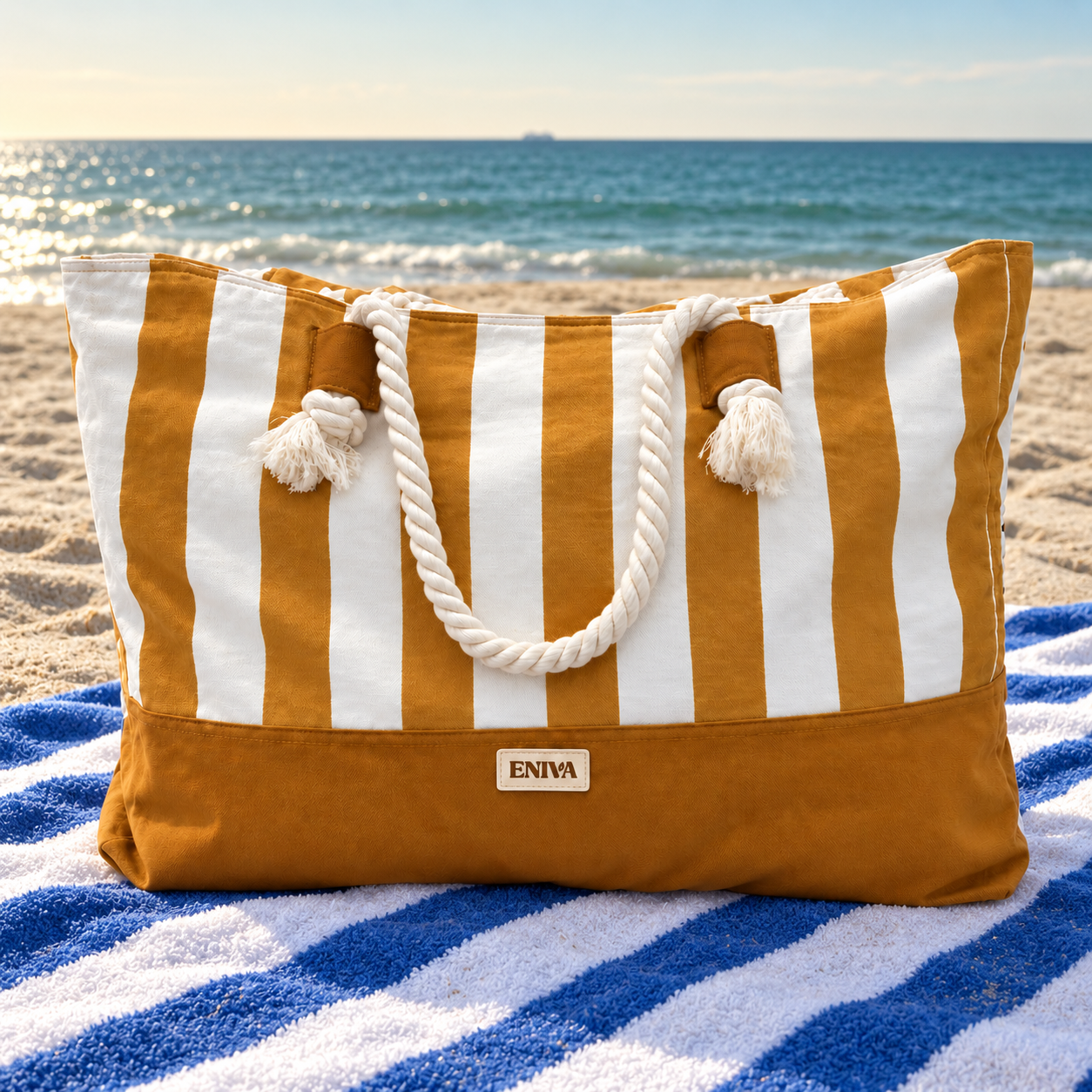 Bolso playero ENIVA mostaza sobre un toallón frente al mar