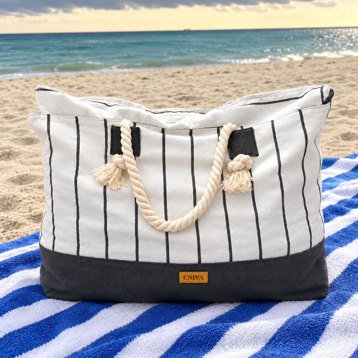 Bolso playero ENIVA blanco y gris sobre un toallón frente al mar
