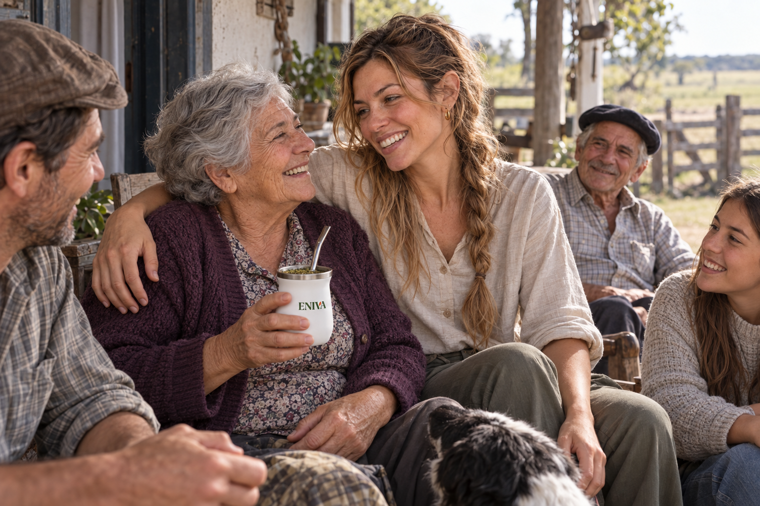 Amanda abrazando a su abuela en la galería de una casa de campo mientras comparten un mate ENIVA blanco con yerba y bombilla