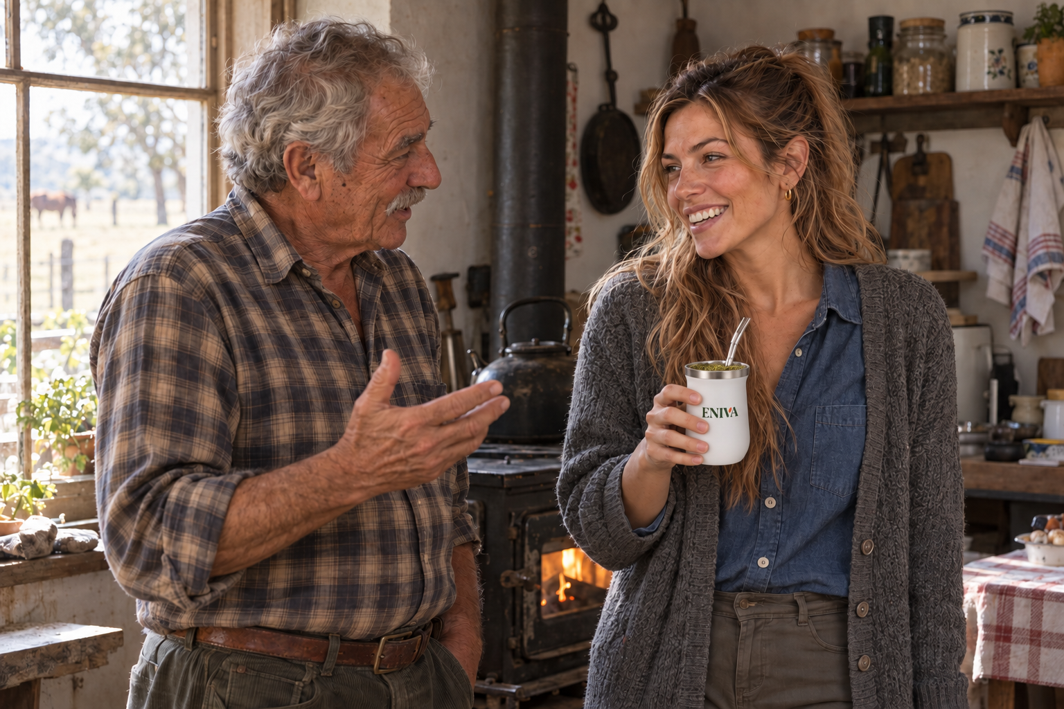 Amanda conversando con su abuelo en una cocina de campo y compartiendo un mate ENIVA blanco preparado