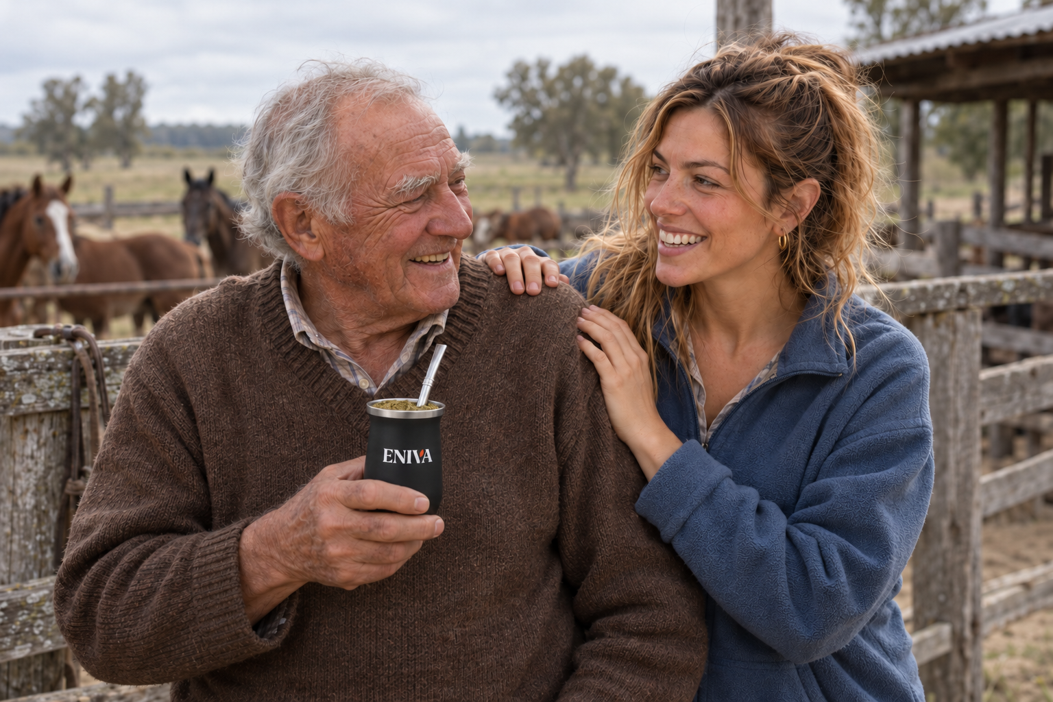 Amanda y su abuelo junto al cerco de una chacra compartiendo un mate ENIVA negro con yerba y bombilla
