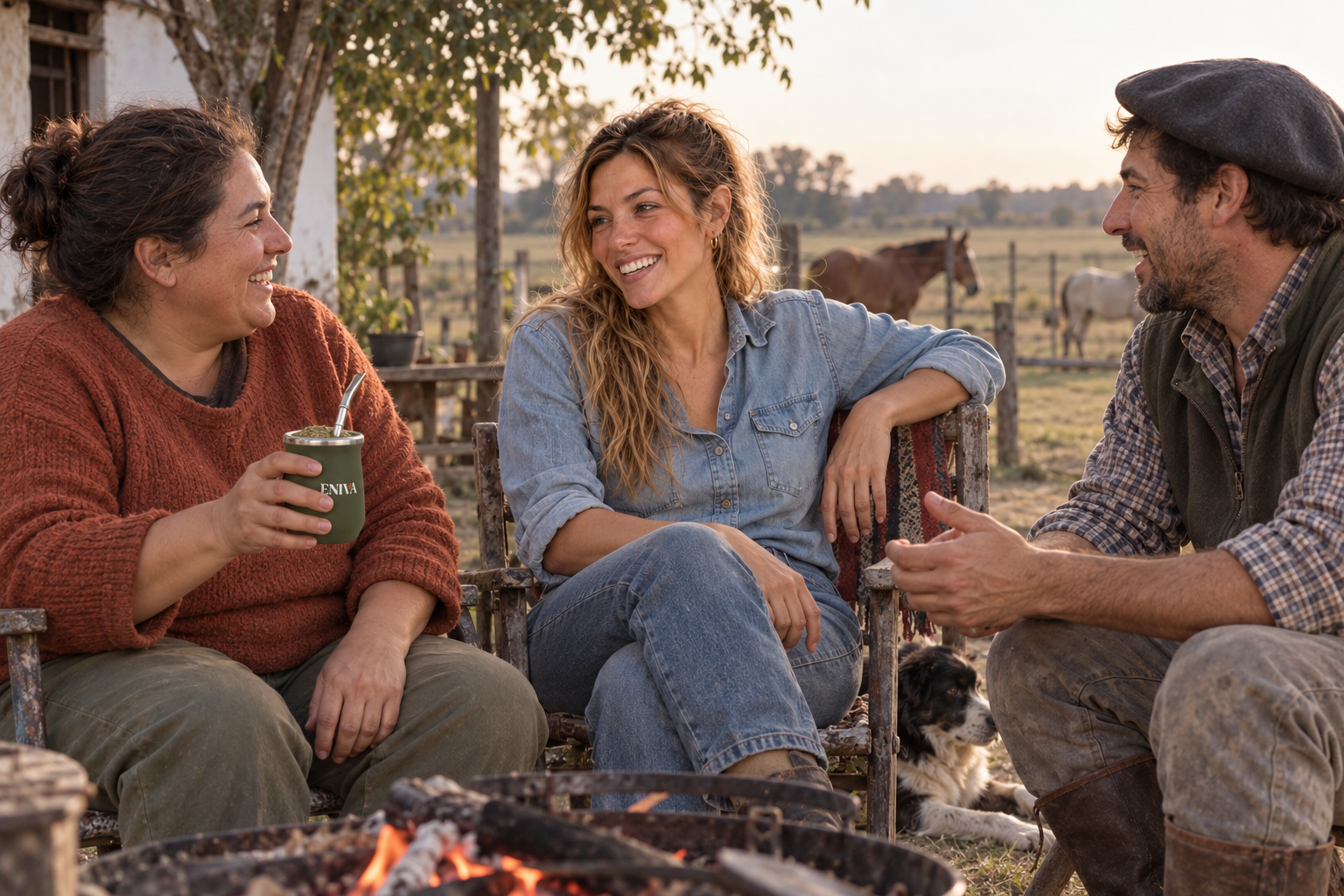 Amanda y amigos compartiendo un único mate ENIVA verde junto al fogón, con caballos al fondo