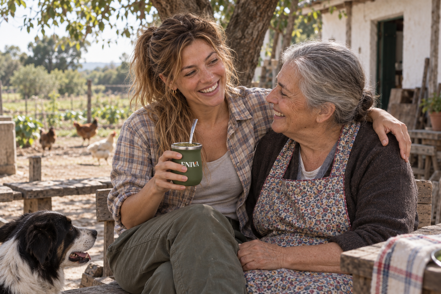 Amanda y su abuela compartiendo un mate ENIVA verde en el patio de una chacra