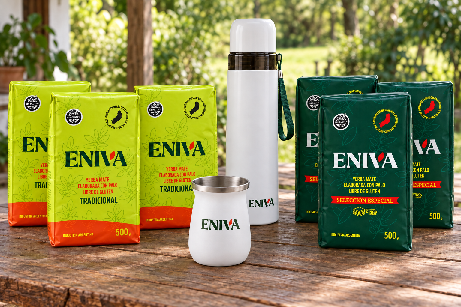 Combo Ronda ENIVA completo en una galería de campo, con seis paquetes, mate y termo
