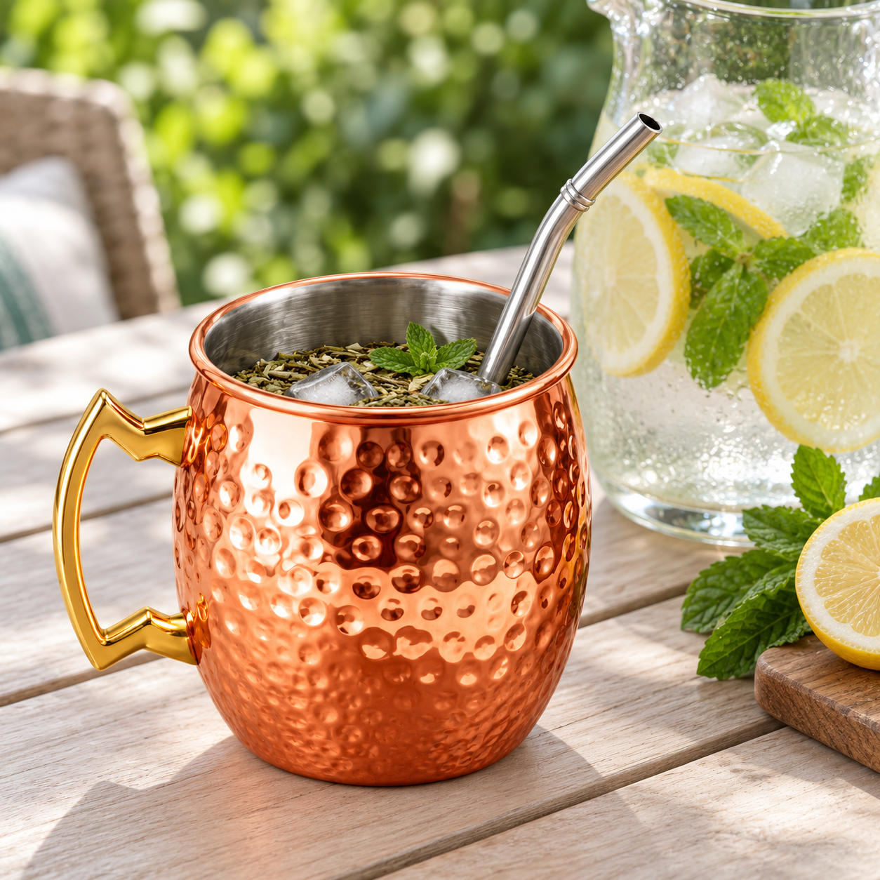 Jarrito cobre con yerba, bombilla, hielo y menta junto a una jarra fría con limón; ambientación de uso