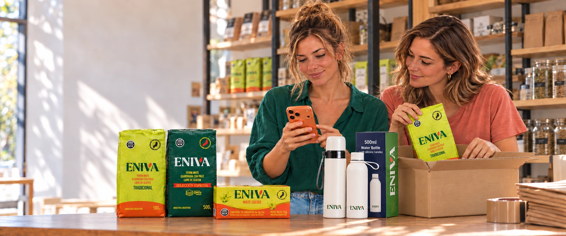 Amanda y su amiga preparan una caja con productos ENIVA mientras gestionan un pedido desde el celular